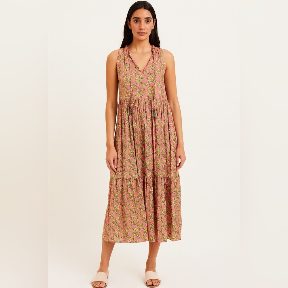 Marea Harvest Sunset Tiered Sleeveless Midi Dress L/XL Pink Green Cotton Tassels